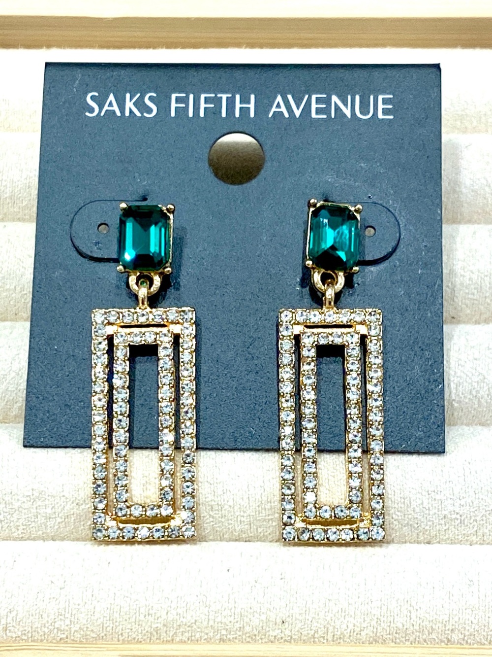 Saks Fifth Avenue Gold Emerald Green Rhinestone Double Geometric Drop Earrings